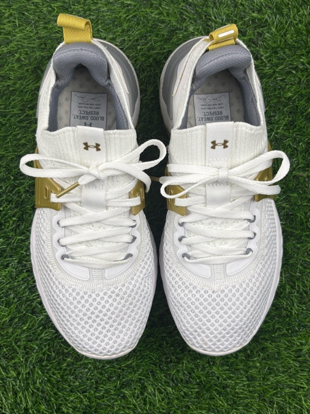 Under Armour Women’s HOVR Project Rock 4 Training Sneakers in White and Gold - Picture 2 of 12